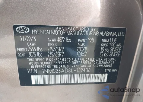 2020 Hyundai Santa Fe Se z USA, uszkodzony, nr VIN 5NMS23AD8LH152408